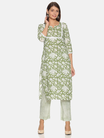 Cotton Green Floral Printed Kurta - (Only Kurta)-0