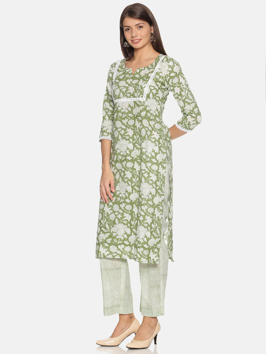 Cotton Green Floral Printed Kurta - (Only Kurta)-1