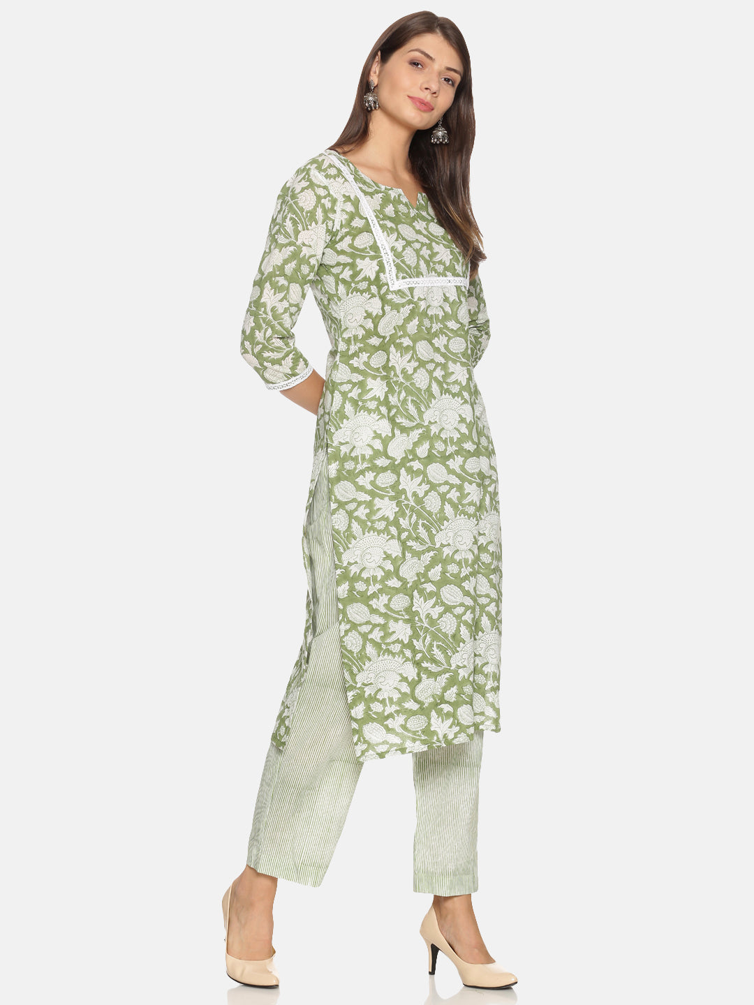 Cotton Green Floral Printed Kurta - (Only Kurta)-3
