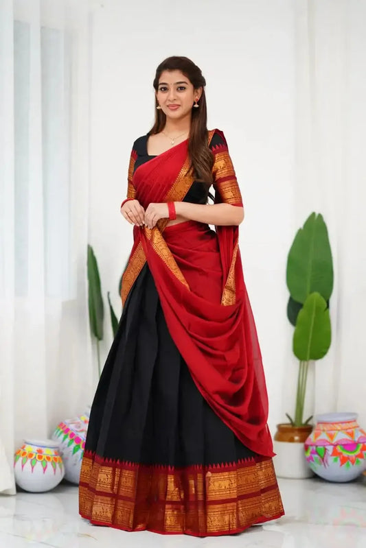 Kanjivaram Silk Half Lehenga Saree With Blouse And Dupatta