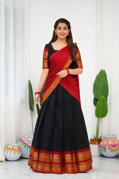 Kanjivaram Silk Half Lehenga Saree With Blouse And Dupatta