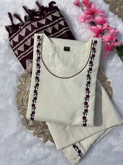 New Function Wear Off White Color Embroidery Work Designer Straight Kurta With Trouser n Dupatta Set