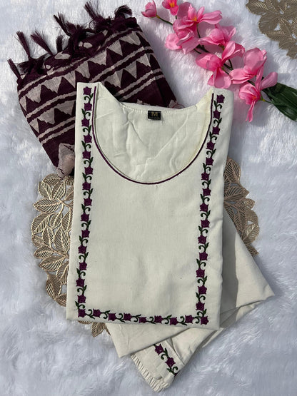 New Function Wear Off White Color Embroidery Work Designer Straight Kurta With Trouser n Dupatta Set