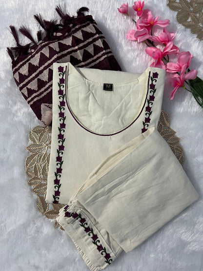 New Function Wear Off White Color Embroidery Work Designer Straight Kurta With Trouser n Dupatta Set