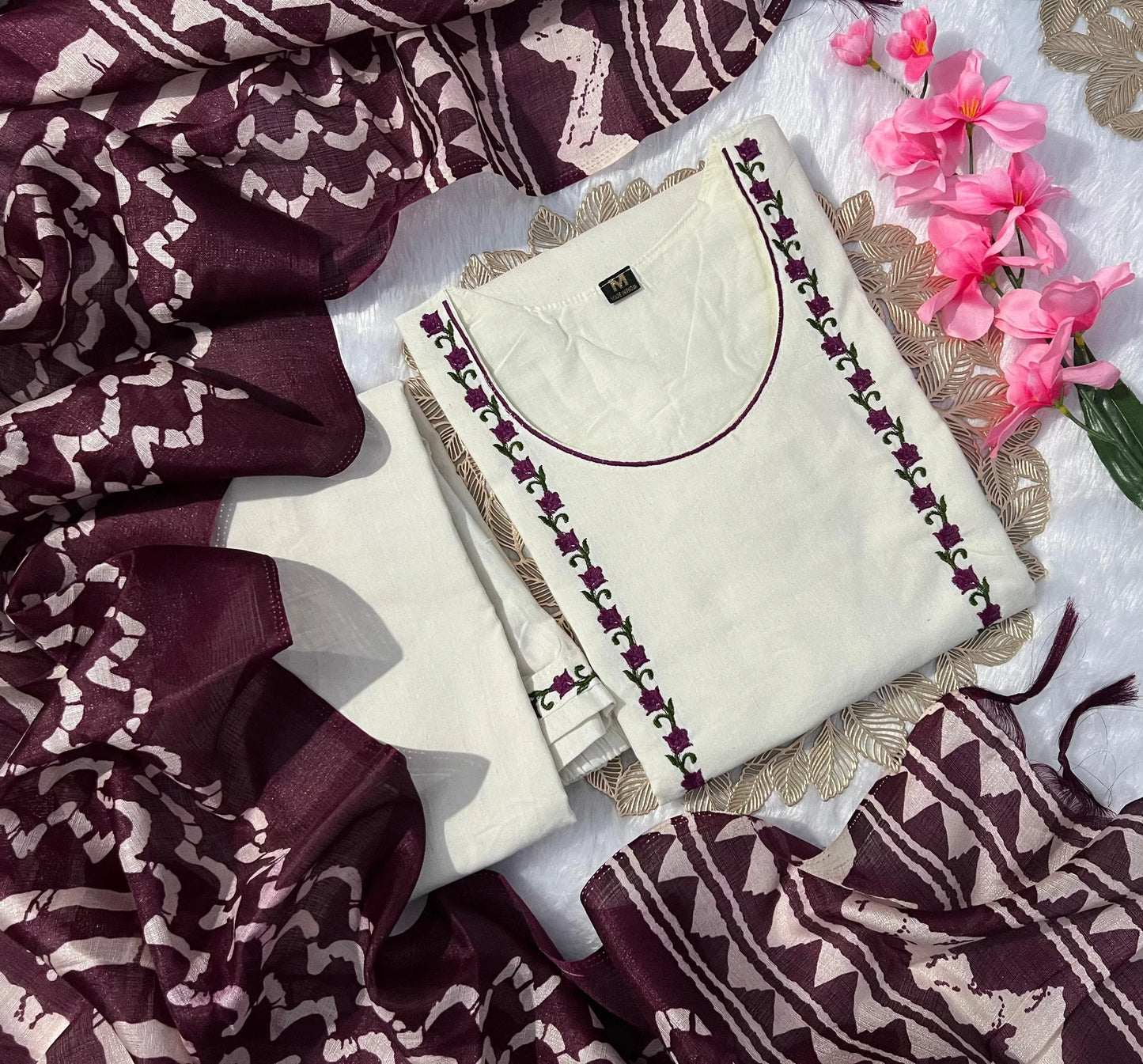 New Function Wear Off White Color Embroidery Work Designer Straight Kurta With Trouser n Dupatta Set