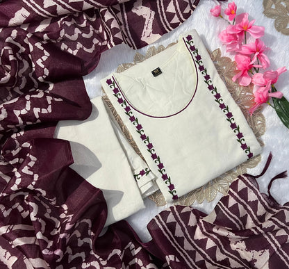 New Function Wear Off White Color Embroidery Work Designer Straight Kurta With Trouser n Dupatta Set