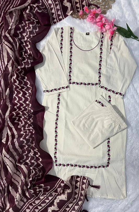 New Function Wear Off White Color Embroidery Work Designer Straight Kurta With Trouser n Dupatta Set