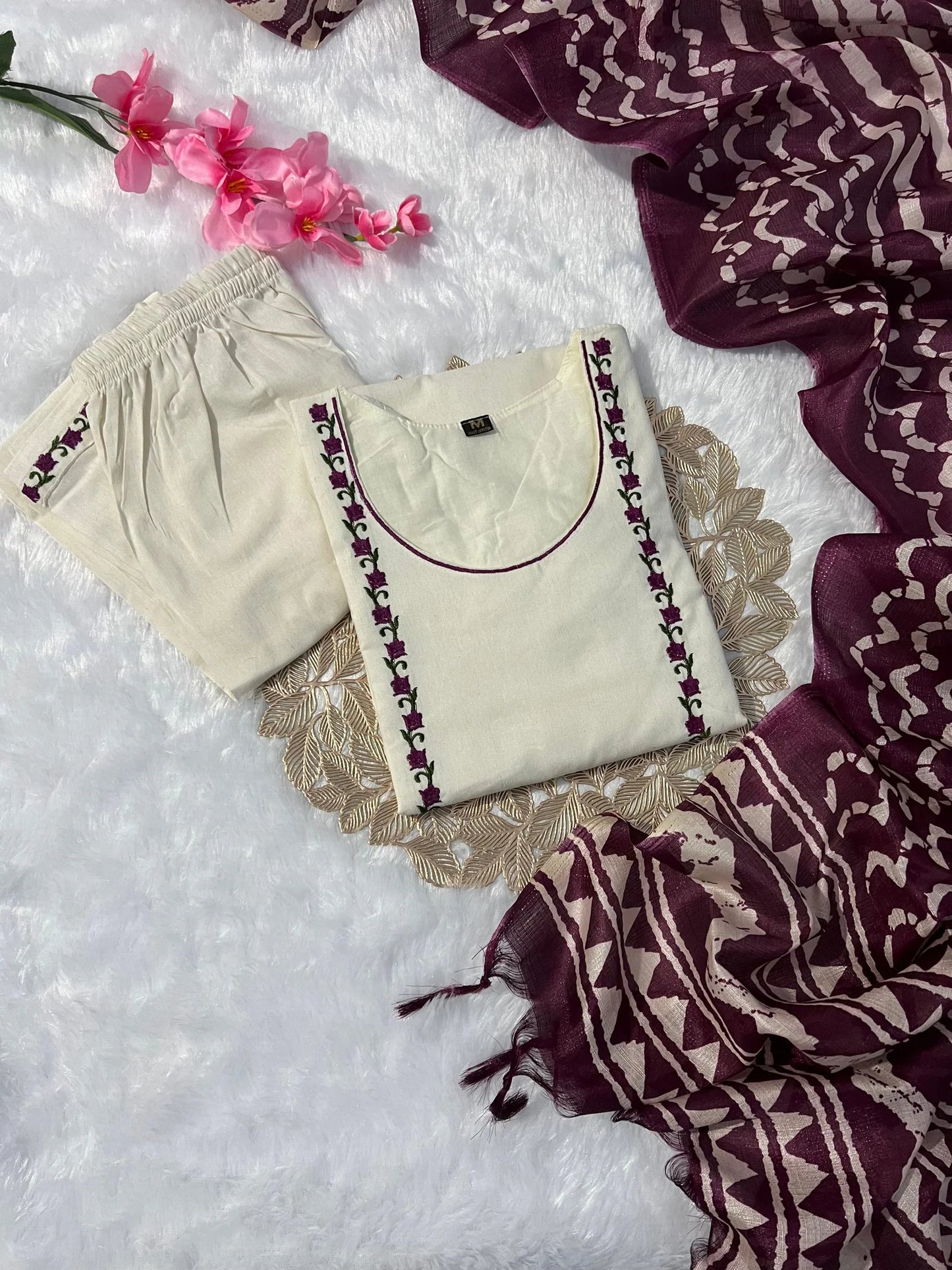 New Function Wear Off White Color Embroidery Work Designer Straight Kurta With Trouser n Dupatta Set