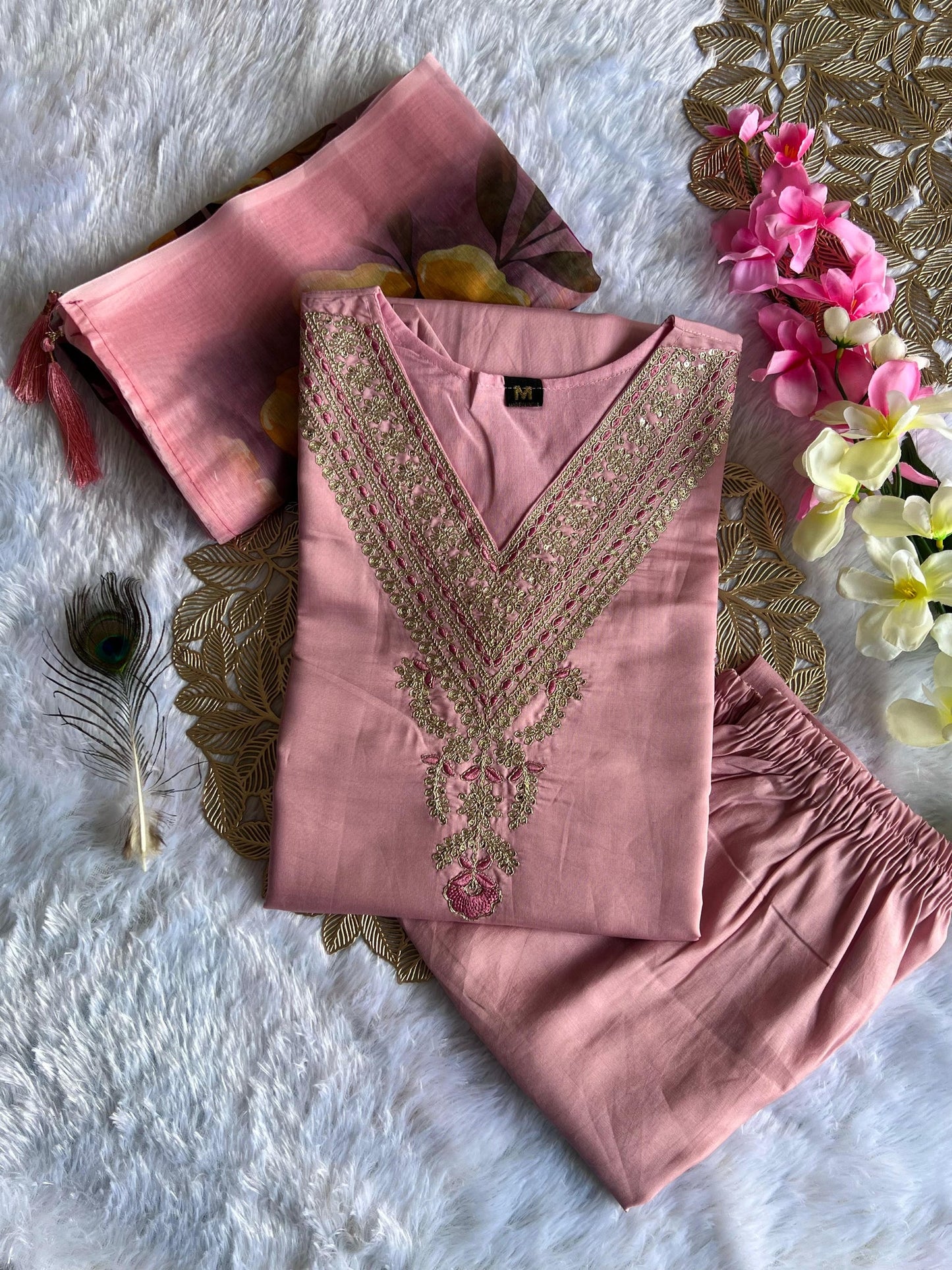 New Festive Wear Peach Color Roman Silk Embroidery n Sequence Work Designer Straight Kurta With Trouser n Dupatta Set