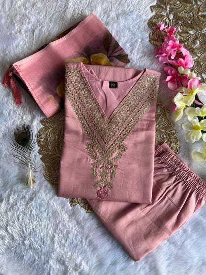 New Festive Wear Peach Color Roman Silk Embroidery n Sequence Work Designer Straight Kurta With Trouser n Dupatta Set