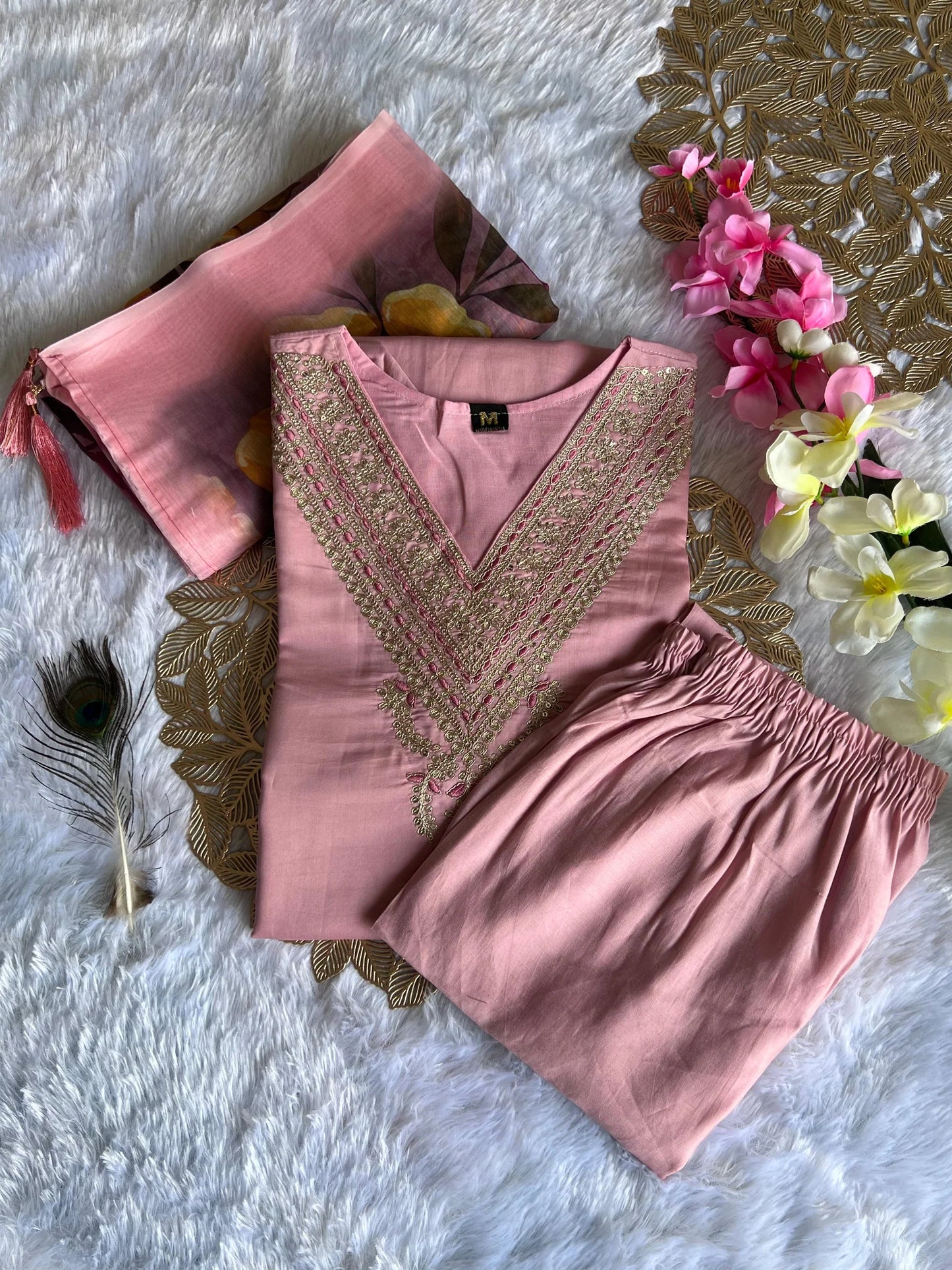New Festive Wear Peach Color Roman Silk Embroidery n Sequence Work Designer Straight Kurta With Trouser n Dupatta Set