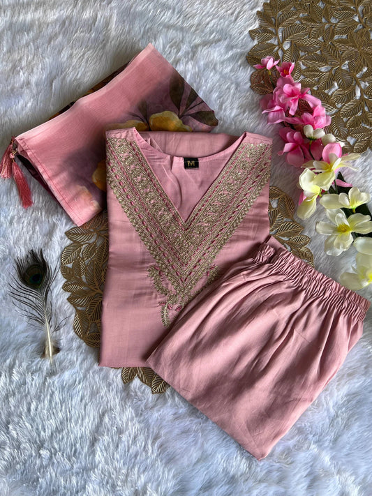 New Festive Wear Peach Color Roman Silk Embroidery n Sequence Work Designer Straight Kurta With Trouser n Dupatta Set