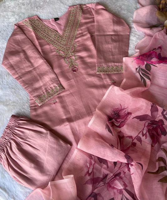 New Festive Wear Peach Color Roman Silk Embroidery n Sequence Work Designer Straight Kurta With Trouser n Dupatta Set