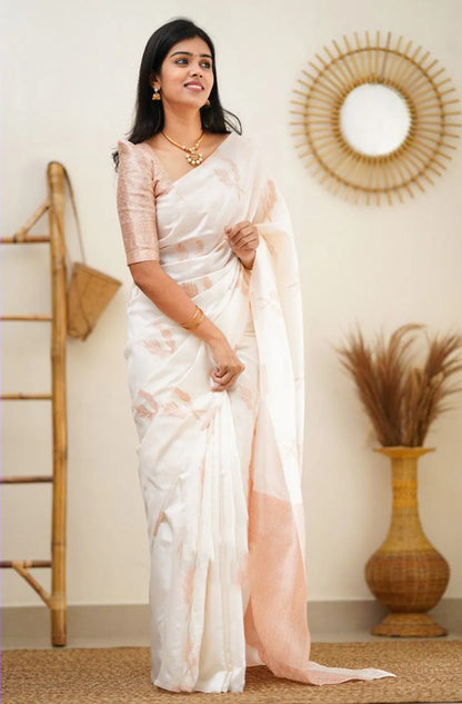 White  Timeless Linen Saree With Elegant Minimalist Patterns For Women