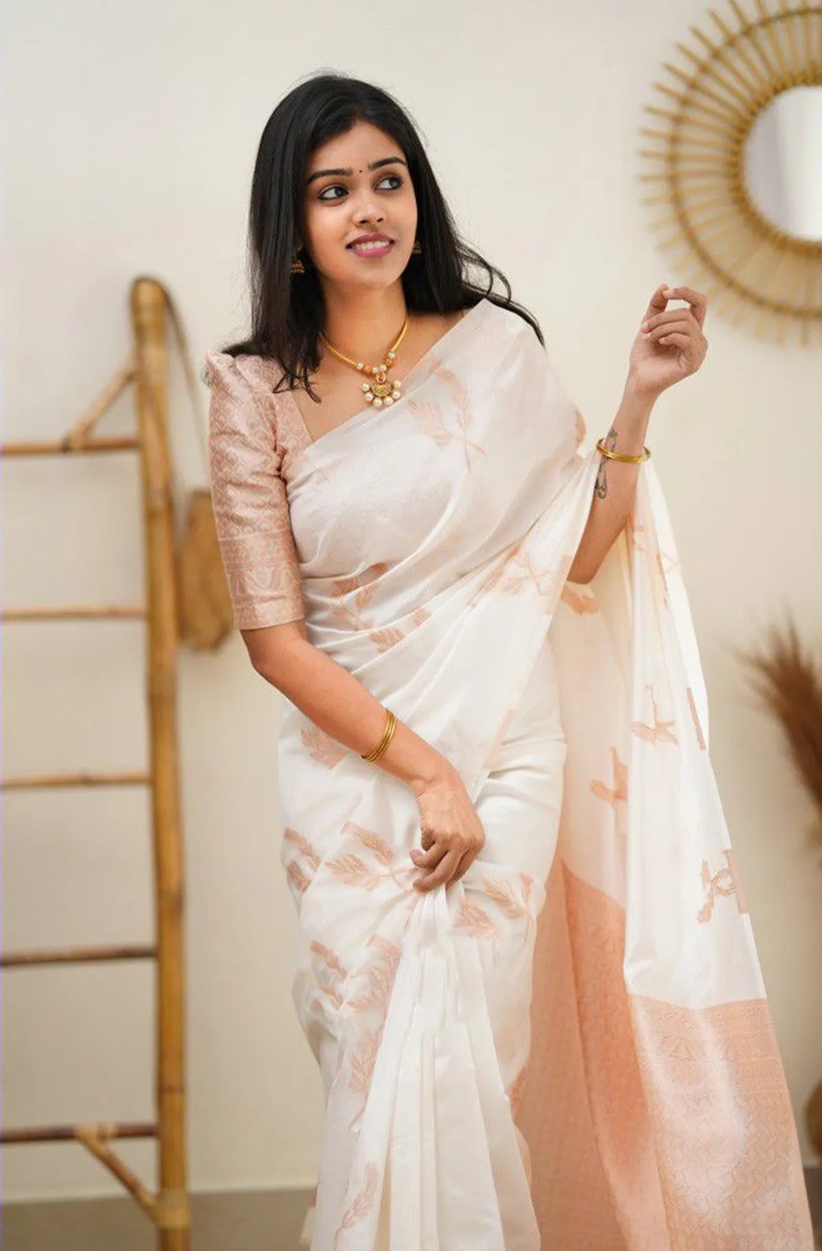 White  Timeless Linen Saree With Elegant Minimalist Patterns For Women