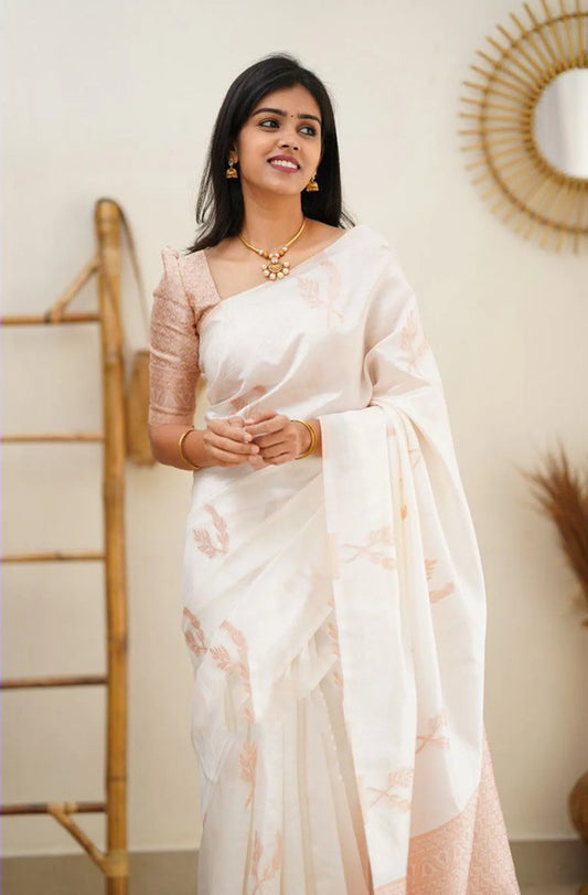 White  Timeless Linen Saree With Elegant Minimalist Patterns For Women