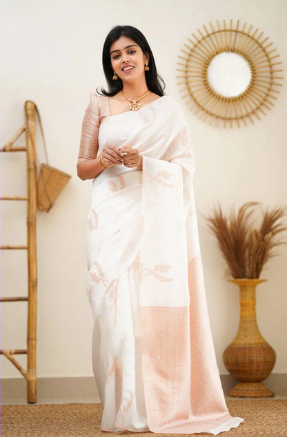 White  Timeless Linen Saree With Elegant Minimalist Patterns For Women